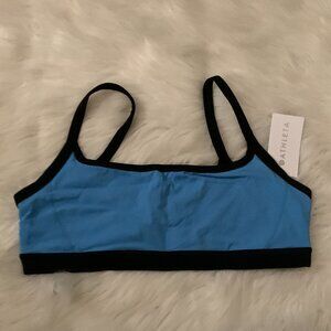 ATHLETA Square Neck Sports Bra in Cornflower Blue/Black Sz LARGE (D-DD CUPS)